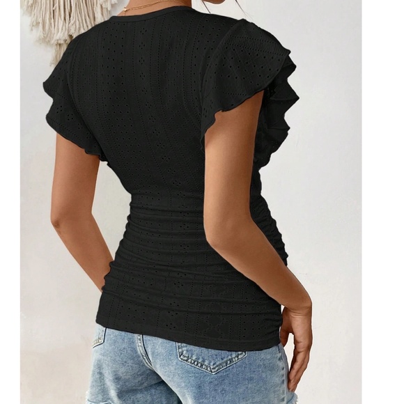 Maternity Eyelet Ruffle Cap Sleeve Stretchy Top - Picture 4 of 6